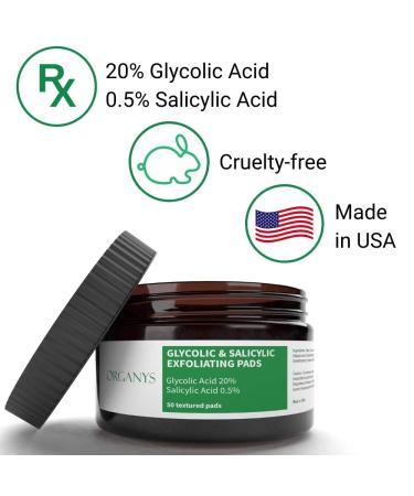 Glycolic Acid Exfoliating Pads - 20% Glycolic & 0.5% Salicylic Acid Face Peel Wipes by Organys - Buy Online on GoSupps.com