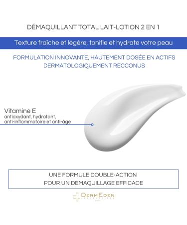 DermEden Laboratories - Total make-up remover milk-lotion 150 ml - 2 actions in 1 - Removes all impurities residues and waterproof make-up - Acts on the signs of aging - Made in France - Buy Online on GoSupps.com