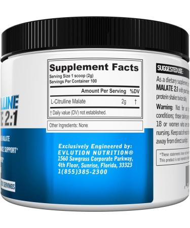 Evlution Nutrition L-Citrulline Malate 200mg - Vegan Gluten Free - 100 Servings for Enhanced Workout Performance & Vasodilation Support - Dietary Supplement - Buy Online on GoSupps.com