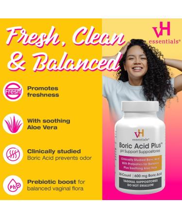 vH Essentials Boric Acid Plus Vaginal Suppositories - Prebiotic & Aloe Vera for pH Balance Odor Control & Freshness - 600mg 30 Count - Buy Online on GoSupps.com