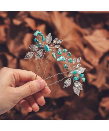Earent Turquoise Leaf Crystal Wedding Hair Pins - Bridal Hair Accessories for Women and Girls (Pack of 2) - Buy Online on GoSupps.com
