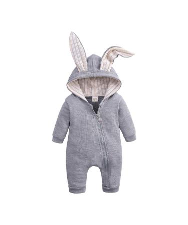 Kids Tales Newborn Baby Winter Warm Outfits Cute Rabbit Ear Hooded Zipper Romper 12-18 Months Grey