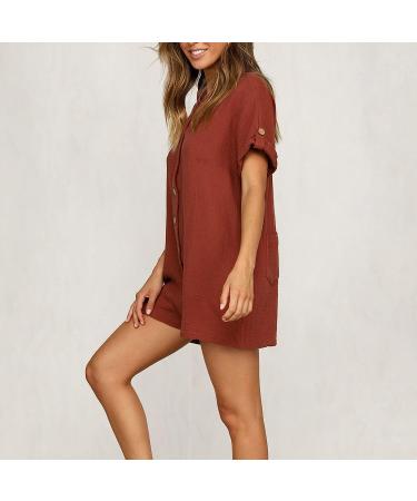 ESCBUKI Women's Button Down Jumpsuit - Solid Color Knee Length Romper Dress - Red Flowy Pantsuit - Buy Online on GoSupps.com