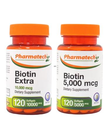 PHARMATECH Biotin Vitamin B7 for Hair Growth Skin and Nails 10 000 mcg and 5 000 mcg Gluten Free Non-GMO 120 Softgels