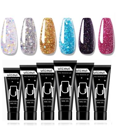 Glitter Poly Nail Extension Gel Kit - Nail Extension Gel 6 Colors Builder for Nails Art Salon at Home  Quick Building Nail Extensions Gel 6PCS 15ml-Pink Silver Gold Blue Purple Red