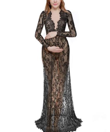 BUOYDM Maternity Dress Women Lace Photography Props Elegant Photo Shoot Dress Maxi Dresses XL Black