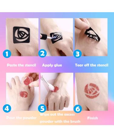 Glitter Tattoos Kit - 24 Colors Waterproof Temporary Tattoos with Stencils, Brushes, Glue, Ink - Body Nail Art, Festival Party - 4 Bottles Ink Included - Buy Online on GoSupps.com