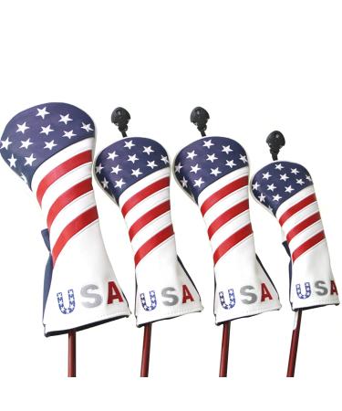 Golf Head Covers, for Fairway Woods Driver Hybrid 1 3 5 UT GLOOF Golf Club Head Covers USA Stars and Stripes with Interchangeable ID Tags Leather 3 Wood Driver Headcovers