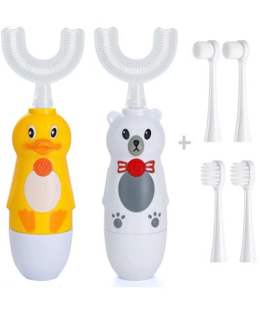 Kids U-Shaped Electric Toothbrush Automatic Massage Toothbrush with U-Type  Cartoon Modeling Toothbrush with Three Types of Brush Heads Battery Operated Design for 2-6 Years White and Yellow  2 Pieces 2 Pcs Yellow and Wh...