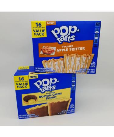 Pop-Tarts Toaster Pastries 16ct Value Pack Bundle: (1) Boston Creme Donut (1) Frosted Apple Fritter 32 Breakfast Toaster Pastries