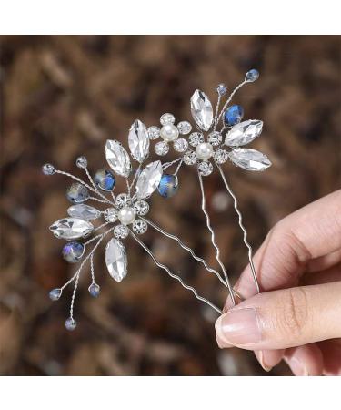 Jeairts Flower Rhinestone Hair Pins Pearl Bridal Hair Pieces Headwear Blue Beads Wedding Headpiece Hair Dress Crystal Hair Accessories for Brides and Bridesmaids