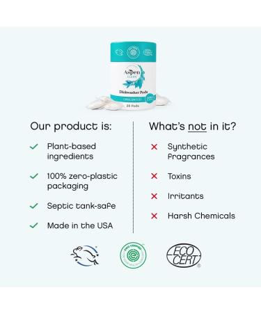 AspenClean Unscented Dishwasher Pods - New Eco-Friendly Packaging | Vegan & Natural Detergent | EWG Verified - 28 Count - Buy Online on GoSupps.com