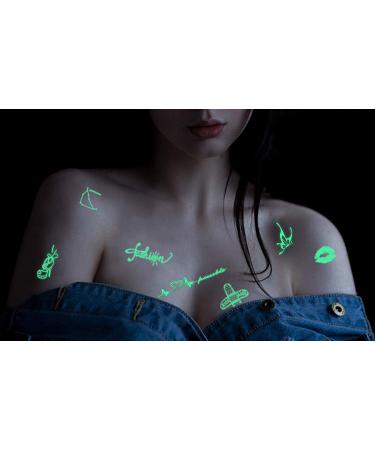 Glow in the Dark Stars Tattoo Stickers UV Blacklight Tattoos Black Constellations Music Bar Party Temporary Tattoos for Women Girls Semipermantent Chest Face Decoration Green Luminous