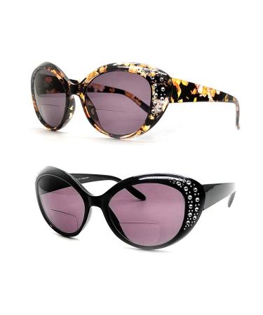 Bifocal Sunglasses for Women 2 Pair Cateyes Real Rhinestones Reader sunglasses with Free 2 Pouches 2.50