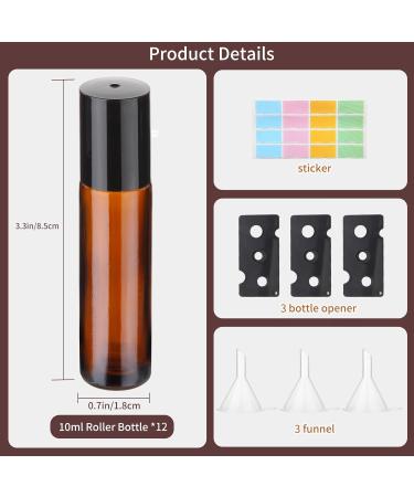 Hyber&Cara 10ml Glass Roll on Bottles 12Pcs - Essential Oils Roller Bottles for Aromatherapy - Stainless Steel Roller Balls - Includes 3 Bottle Opener Stickers and 3 Funnels - Buy Online on GoSupps.com