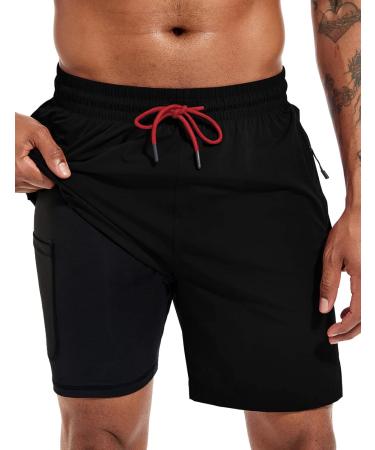 Atforna Men's Long 2-in-1 Swim Trunks | Fast-Drying Breathable Swim Shorts with Zip Pocket | Adjustable Tunnel Pull - Black - Buy Online on GoSupps.com