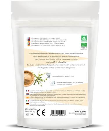 Herbs of the World - Ashwagandha Withania+ ORGANIC 250g - Vitality Improves Sleep & Relaxation Adaptogen Reduces Stress Energy Immune Boost AB Certified - 1 sachet - Buy Online on GoSupps.com