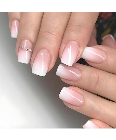 24 Pcs Medium Press on Nails Square Pink Fake Nails Gradient False Nails with Rhinestone Designs Full Cover Stick on Nails French Nails for Women and Girls Fall Nails Style 12
