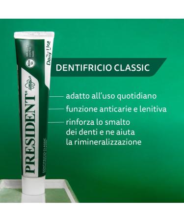  President President KIT 4 CLASSIC TOOTHPASTE for daily use. Anti-plaque anti-cavity freshening and anti-halitosis action. With plant extracts of lemon balm sage and chamomile. RDA 50. 4 x 75 ml - Buy Online on GoSupps.com