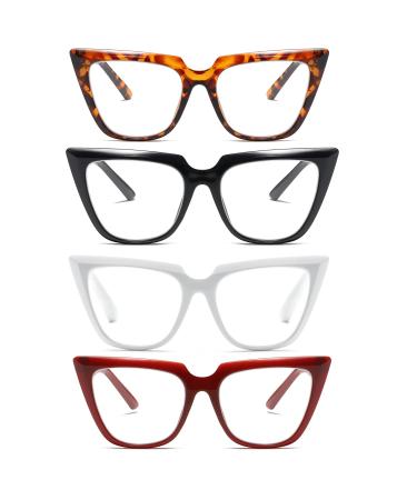 KoKoBin 4 pack Oversize Cat Eye Reading Glasses for women Blue Light Blocking Spring Hinge (Black&Red&Grey&Leopard 1.25) Black&red&white&leopard 1.25 x