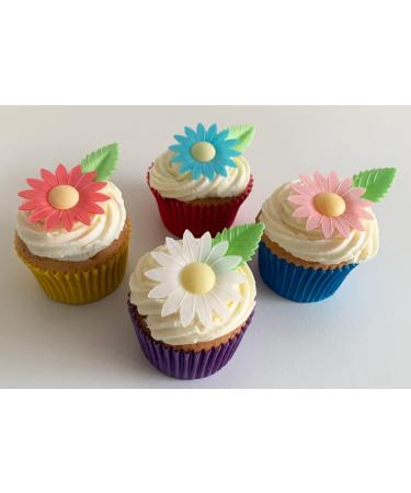 12 Gorgeous Mixed Colour Edible Wafer Daisies & 12 Pretty Leaves - Buy Online on GoSupps.com