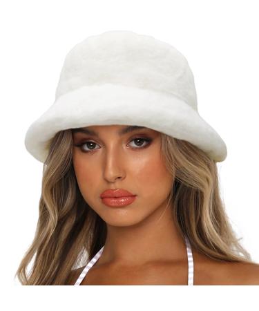 Sydbecs Winter Bucket Hat Fluffy Faux Fur Fisherman Cap for Women Men Solid Color Style White