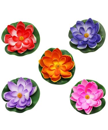 Peak-EU 5 pieces of artificial water lilies flowering flowers 10cm floating lotus flower pond roses Eva Lotus Seerose for aquarium fountain fish pond garden pond decoration