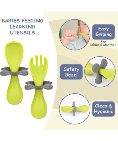 Vicloon Baby Fork and Spoon Set - Self Feeding Utensils for Toddlers, Green Flowers - Baby Cutlery Set for Kids - Buy Online on GoSupps.com