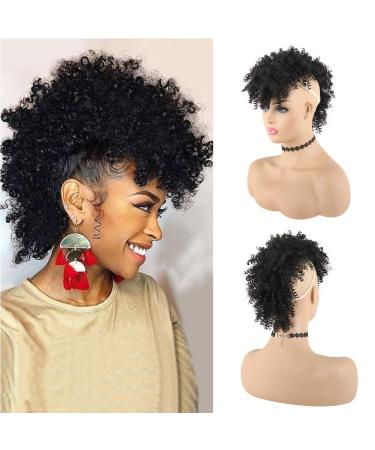 KRSI Afro High Puff Hair Bun Ponytail Drawstring With Bangs Synthetic Jerry Curly Mohawk Kinkys Curly Fauxhawks Pony Tail Clip in on Ponytails for Women Hair Extensions with six Clips(Black) 1B