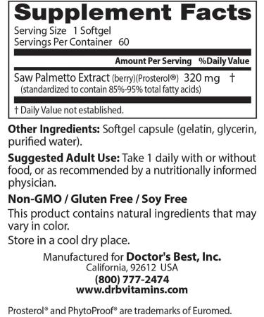 Doctor's Best Saw Palmetto Extract Capsules (320mg, 60-Count) | Premium Quality - Buy Online on GoSupps.com