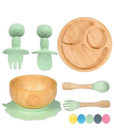 77 Star Bamboo Baby Weaning Set Baby Suction Bowl Suction Plate Baby Spoon & Fork Strong Detachable Suction Base Baby Feeding Set Non-Slip Bamboo Bowl & Baby Plates with Suction (Mist)