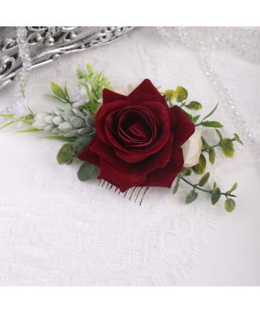 Anglacesmade Bridal Flower Hair Comb Burgundy Dark Red Rose Cream Daisy Eucalyptus Greenery Headpiece for Rustic Wedding Photo Shoot Prom Party Festival - Buy Online on GoSupps.com