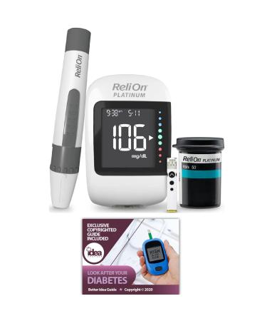 ReliOn Platinum Starter Kit | Wireless Blood Glucose Meter 50 Platinum Test Strip Lancing Device 10 Lancets and Carrying case Bundle with Exclusive "Look After Your Diabetes" - Better Idea Guide (2 Items) 1 Pack (50 Test Strips)