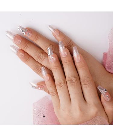 Xerling Bling Silver Glitter Press On Nails - 24Pcs Rhinestone Coffin Fake Nails | Nude False Nail Art for Women - Buy Online on GoSupps.com