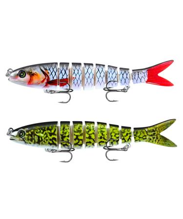 CAM2 Artificial Bait 2 Pieces Multi Jointed Wobbler Bait Swimbait Jerkbait Bass Bait Fishing Tool for Predatory Fish with 2 Treble Hooks Rubber Fish Green White