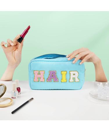 Nylon Waterproof Preppy Makeup Bag - Girls Chenille Letter Portable Travel Organizer for Toiletries and Cosmetics Storage (Blue Hair) - Patches Included - Buy Online on GoSupps.com