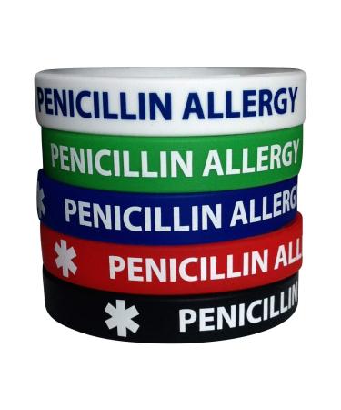 Penicillin Allergy Silicone Bracelets (5 Pack) Wristbands Adult Size 7.8 for Men Women