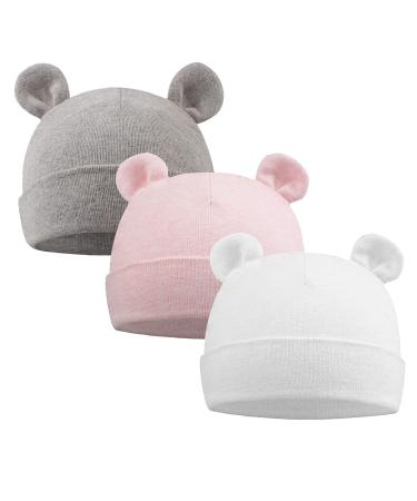 XIAOHAWANG Newborn Hospital Hat Preemie Boys Girls Beanie Cotton Bear Ears Infant Baby Hats 0-6 Months Premature Bear(white+pink+gray)
