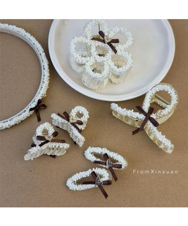 JSGHGDF Hair Claw Clip Hairband Hair Jaw Clamps Cute Hair Catch Brown w Ribbon Barrettes Beaded Hairpin for Girl - Buy Online on GoSupps.com