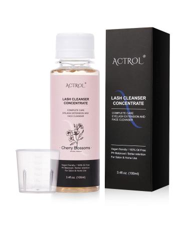 Eyelash Cleanser Concentrate 100ml Cherry Blossom Professional Lash Extensions Shampoo Natural Foaming Cleanser DIY Paraben & Sulfate Free Non-lrritating Wash for Extensions Lashes with Salon Home Care-Makes 60ml Bottles Eyelash Shampoo Cherry Blossom 100