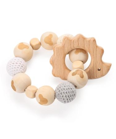 Wooden Rattle for Babies Tummy Time Toys Wooden Teether for Babies 0-6 Months  BPA Free Teething Ring  Newborn Sensory Toys Baby Rattles & Plush Rings