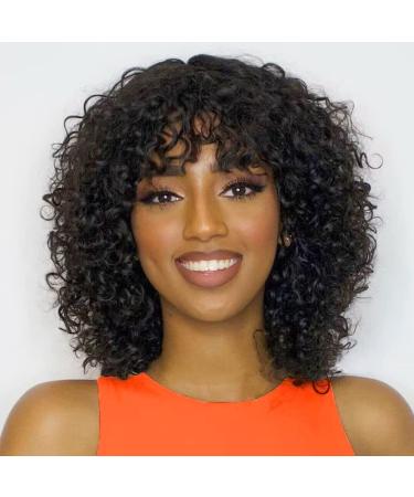 Short Bob Curly Human Hair Wigs with Bangs Wear and Go None Lace Front Human Hair Wigs for Black Women 180% Density Kinky Curly Fringe Bang Wig Human Hair Machine Made Brazilian Unprocessed Virgin Hair Wigs Natural Color...