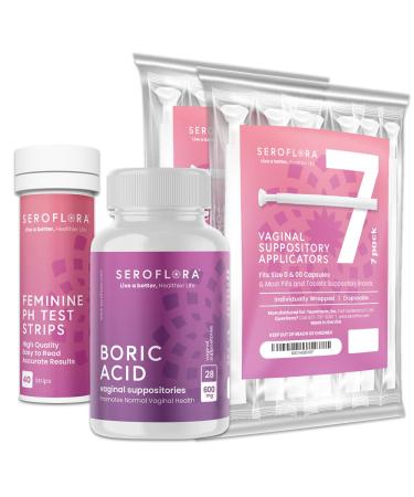 Boric Acid Vaginal Suppositories (28ct) with Disposable Vaginal Suppository Applicators (14ct) and Feminine pH Test Strips (40ct) Support Vaginal Odor Yeast Infection Bacterial Vaginosis
