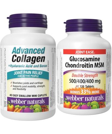 Webber Naturals Advanced Collagen with Hyaluronic Acid and Boron 40 Mini Caplets & Glucosamine Chondroitin MSM Double Strength 120 Tablets Helps Relieve Joint Pain Associated with Osteoarthritis