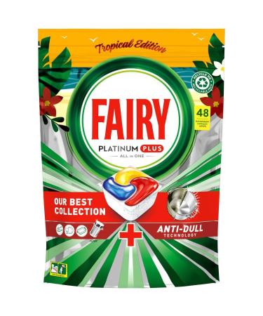 Fairry All-in-One Platinum Plus 48pk - Tropical Edition - Fairry Platinum Plus Dishwasher Capsules With Three Liquid Chambers Dissolve Fast Even In Lower Temperatures.