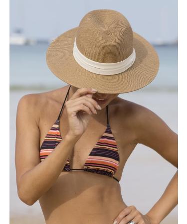 Wide Brim Straw Panama Hat Fedora for Women/Men | UPF Sun Protection Beach Hat in Khaki-Beige | Medium-Large Size - Buy Online on GoSupps.com