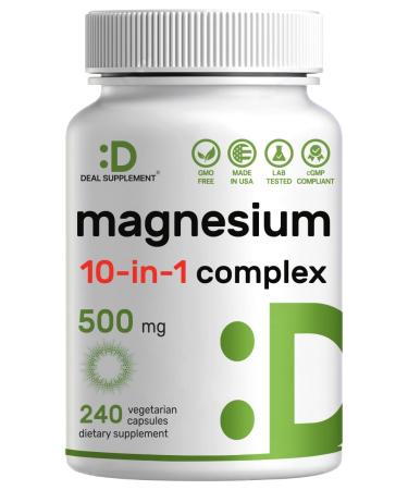 Magnesium Complex Supplement 500mg 240 Veggie Capsules  10 in 1 Blend with Glycinate Citrate Malate & More  Chelated for Easy Absorption  Muscle Joint & Relaxation Support