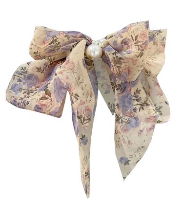 KABELIFE Beautiful ladies hair clip with flowers large bow pearl hair clips hair bows clip for women girls (purple)