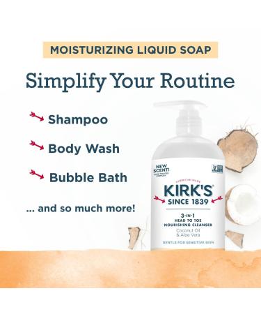 Kirk's 3-in-1 Head to Toe Nourishing Liquid Cleanser- for Men Women & Children - Premium Coconut Oil & Aloe Vera- Non GMO & Vegan - Citrus Twist - 32 Fl Oz. - Buy Online on GoSupps.com