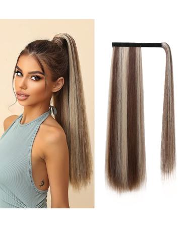 Oefei ponytail extension blond brown mixed long straight synthetic extensions braid Velcro fastener natural ponytail hair part for women-24 inch